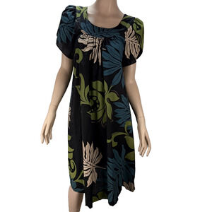 Bishop St Vintage Hawaiian Dress Size L Black Tropical Floral Short Tulip Sleeve
